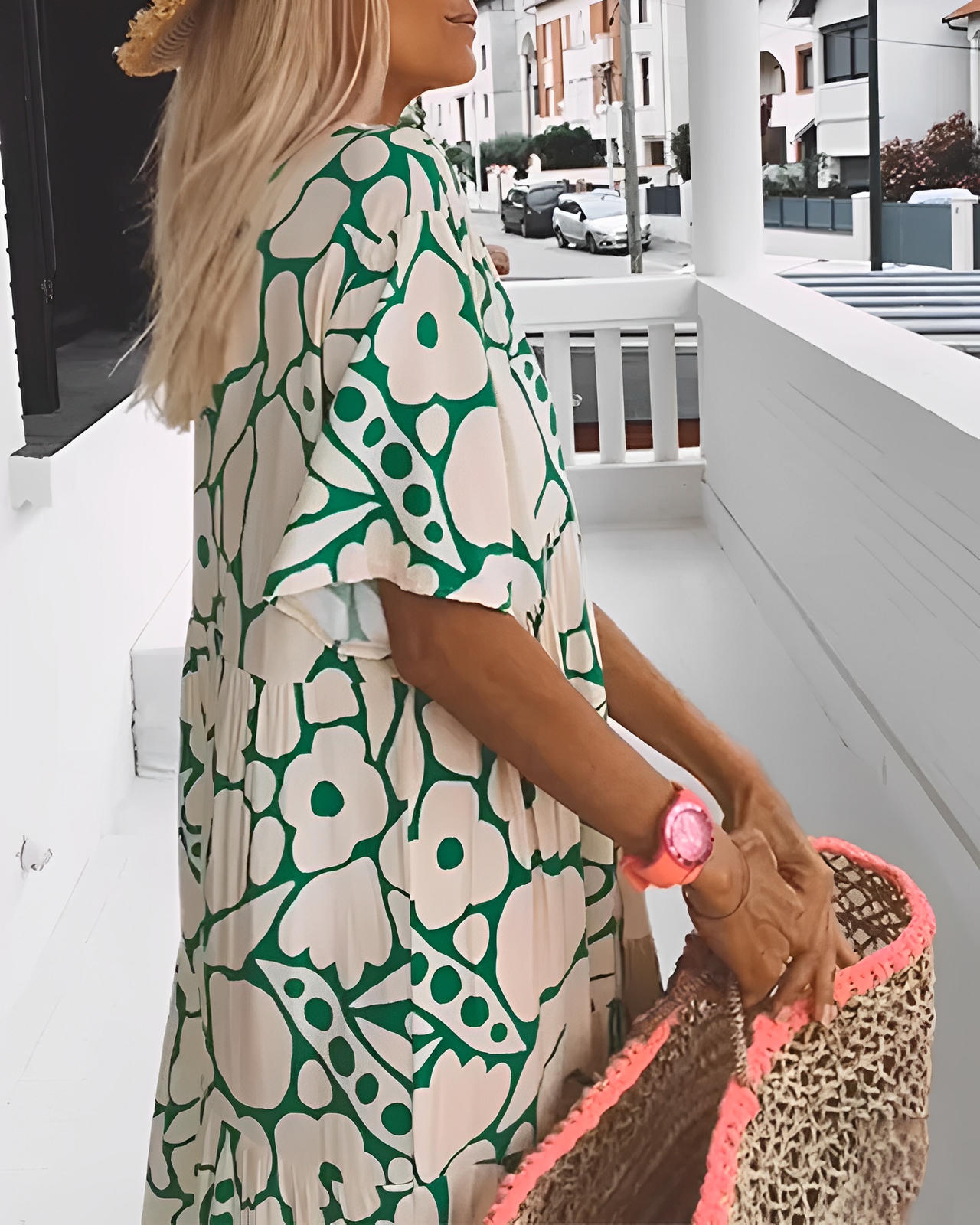 Printed Loose-Fit Dress with V-Neckline