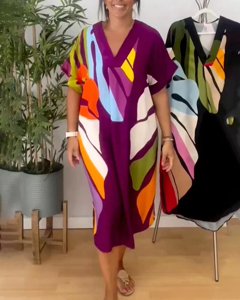 Colourful Relaxed Fit Dress with Leaf Print & Short Sleeves