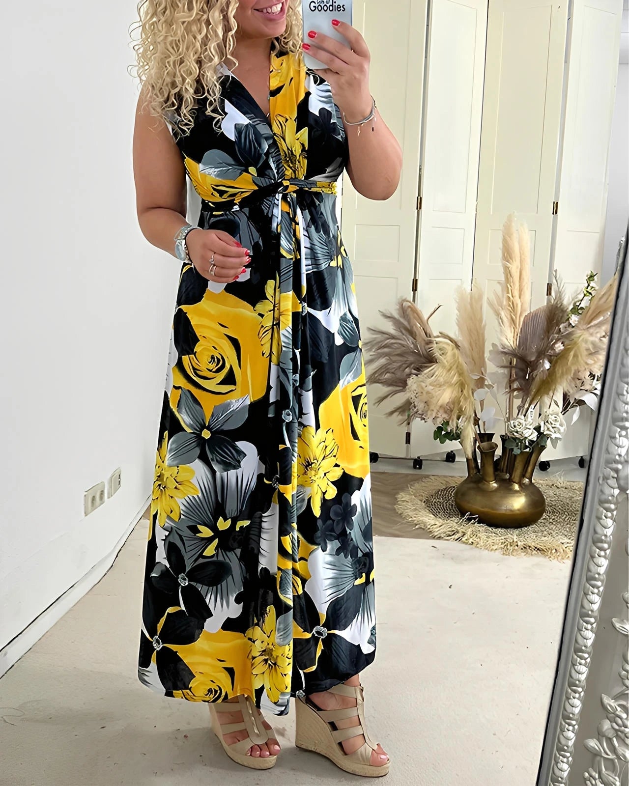 Sleeveless Pleated Floral Midi Dress with Cinched Waist & High Neckline