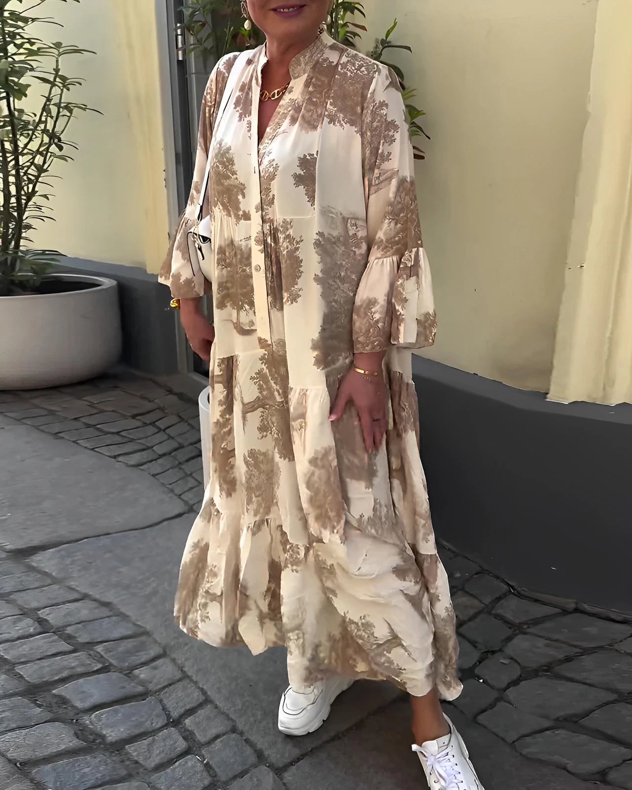 Loose Printed V-Neck Patchwork Dress with Flared Sleeves