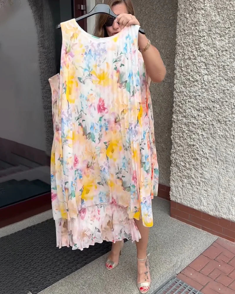 Sleeveless Pleated Floral Print Midi Dress with Defined Waist