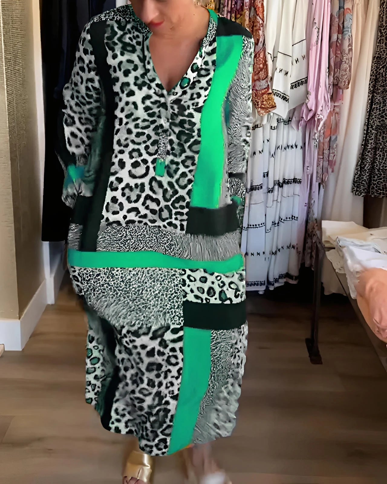 Leopard Print Geometric Midi Dress with Sleeves and Waist Tie