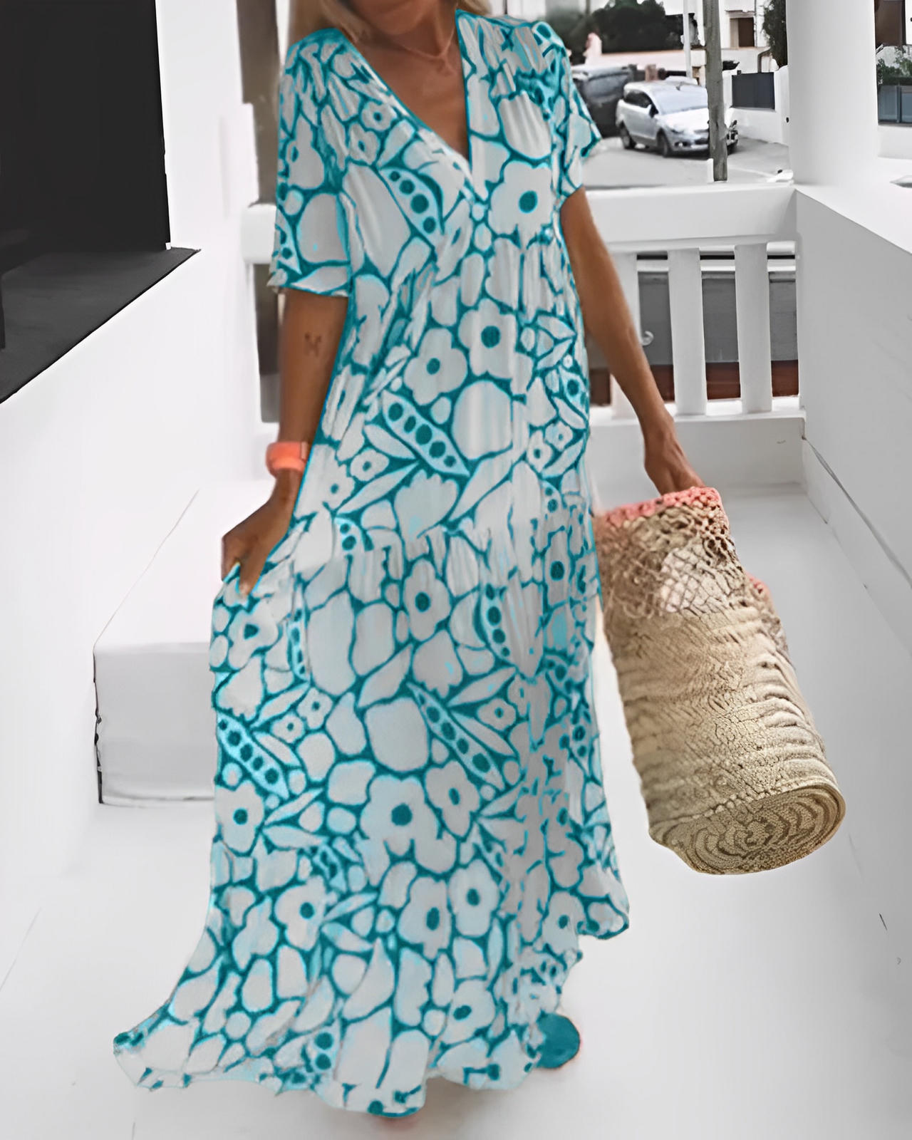 Printed Loose-Fit Dress with V-Neckline