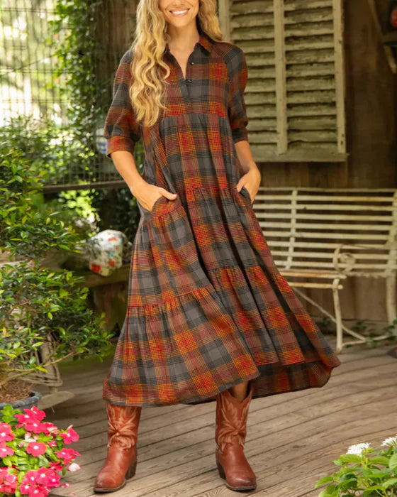 Plaid Lapel Collar Dress with Half Sleeves & Button Detail