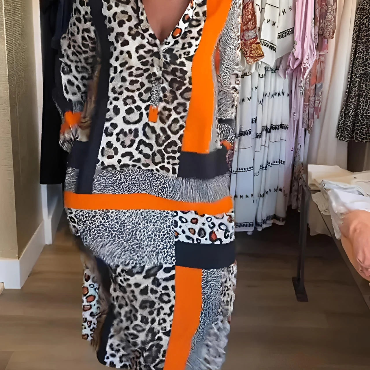 Leopard Print Geometric Midi Dress with Sleeves and Waist Tie