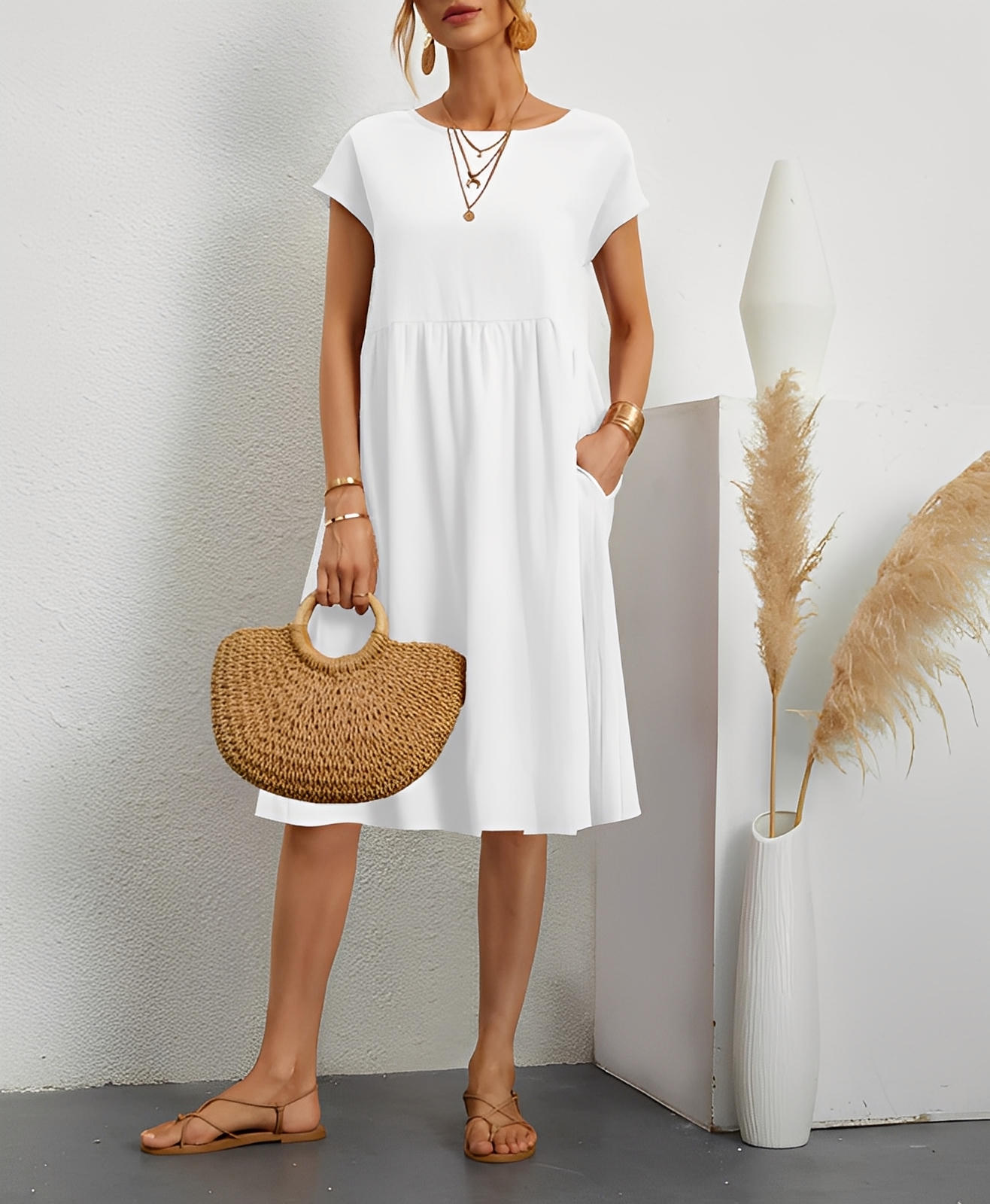 Summer Short-Sleeved A-Line Dress with Pockets & Round Neck