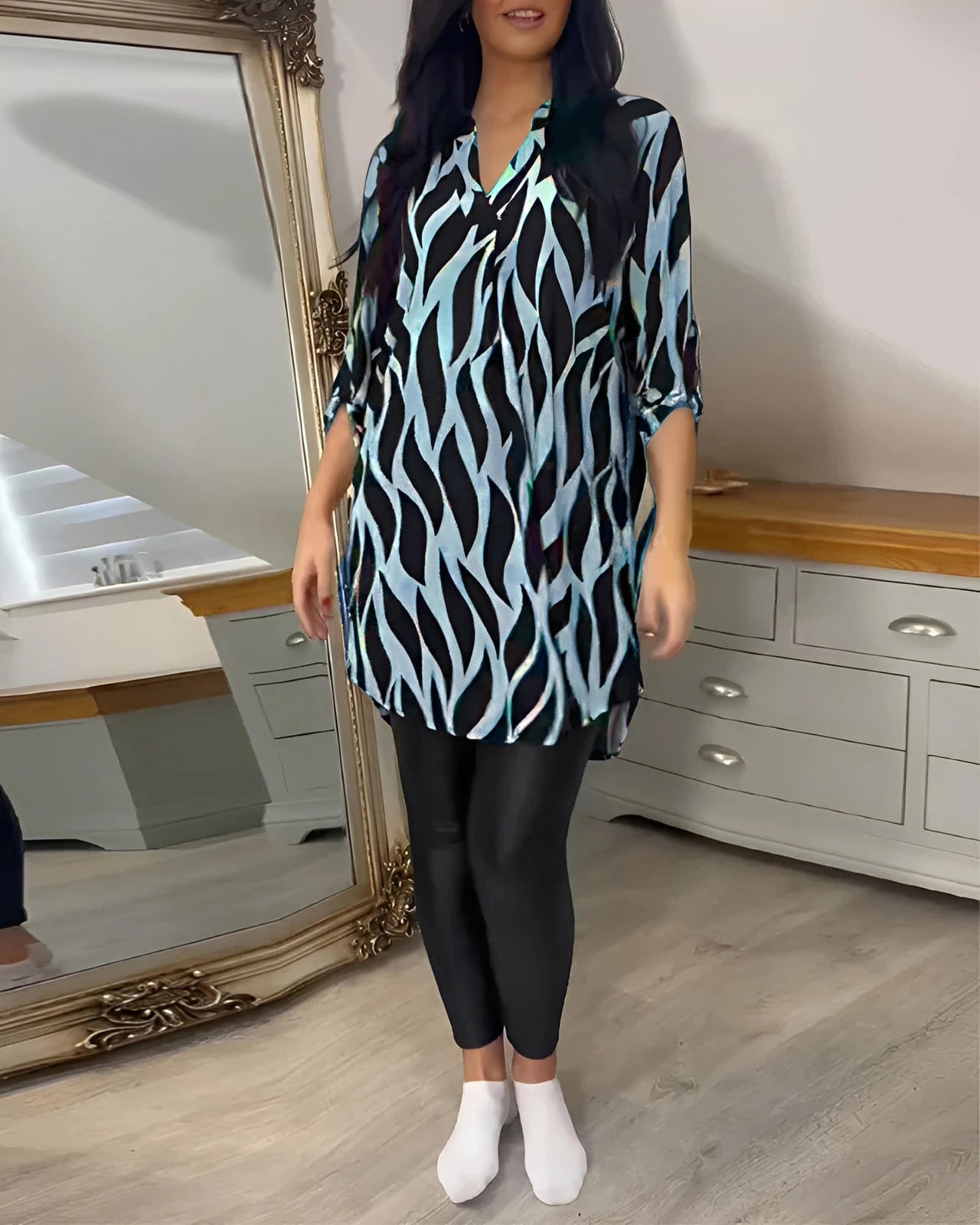 Relaxed Fit Women’s Blouse with V-Neck & Short Sleeves