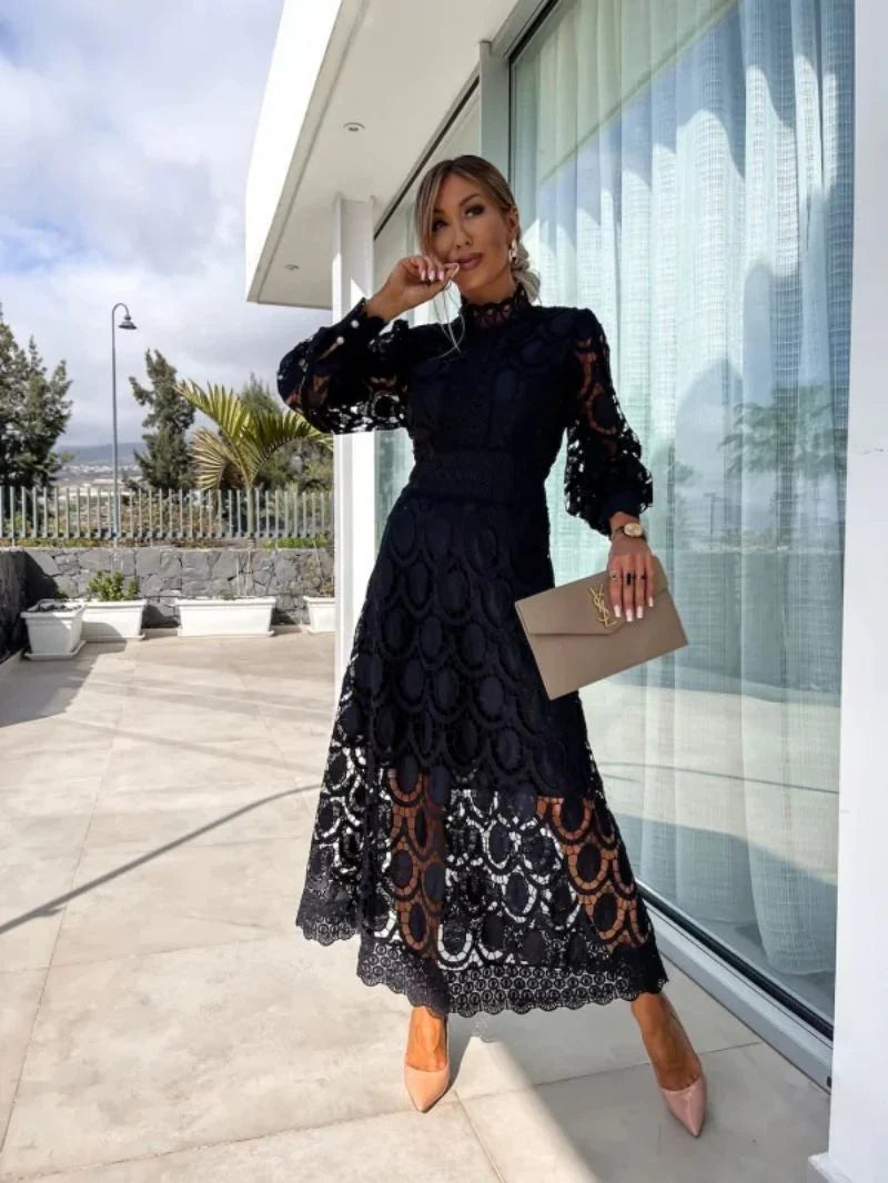 Elegant Romantic Lace Midi Dress with Sheer Sleeves