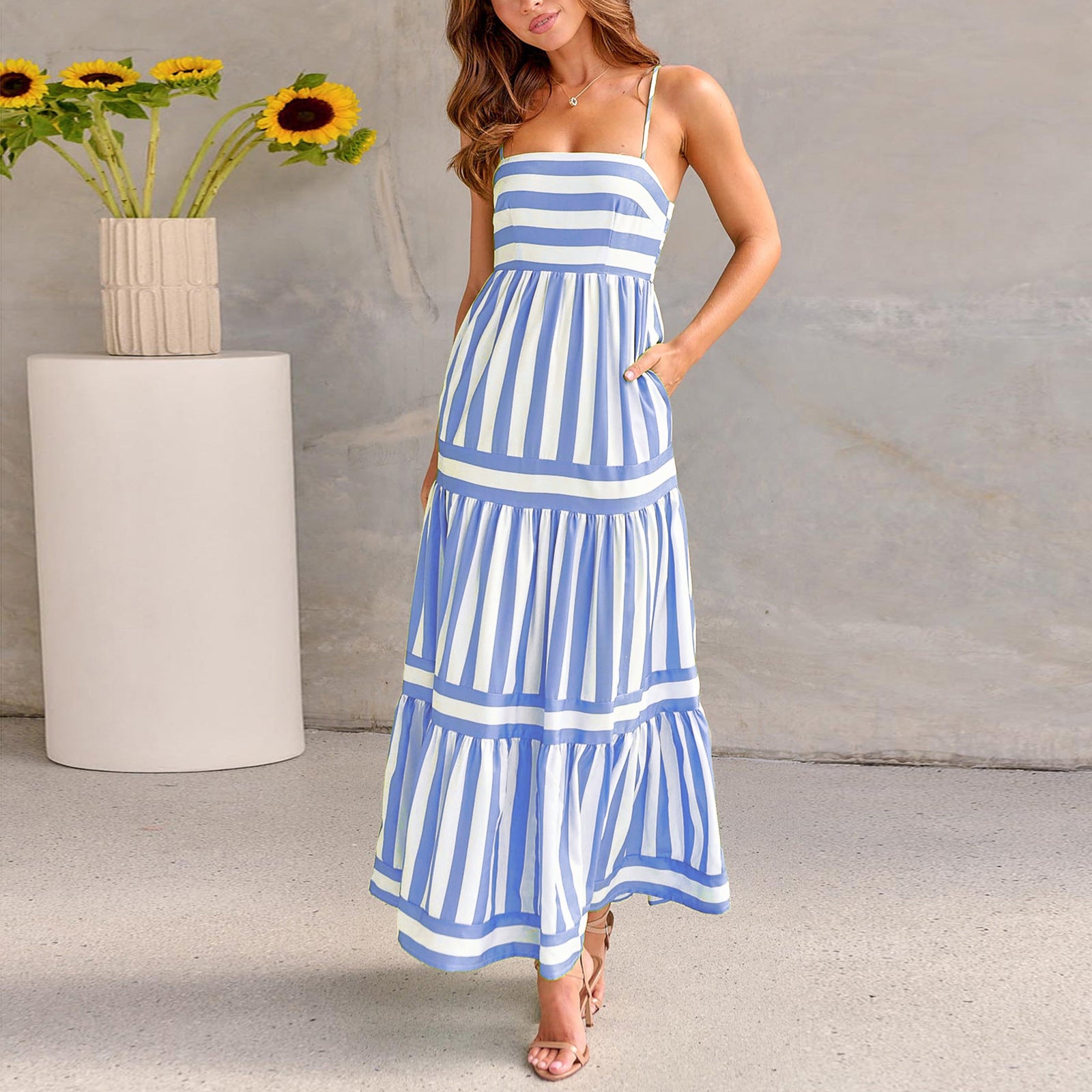 Summer Striped Suspender Maxi Dress