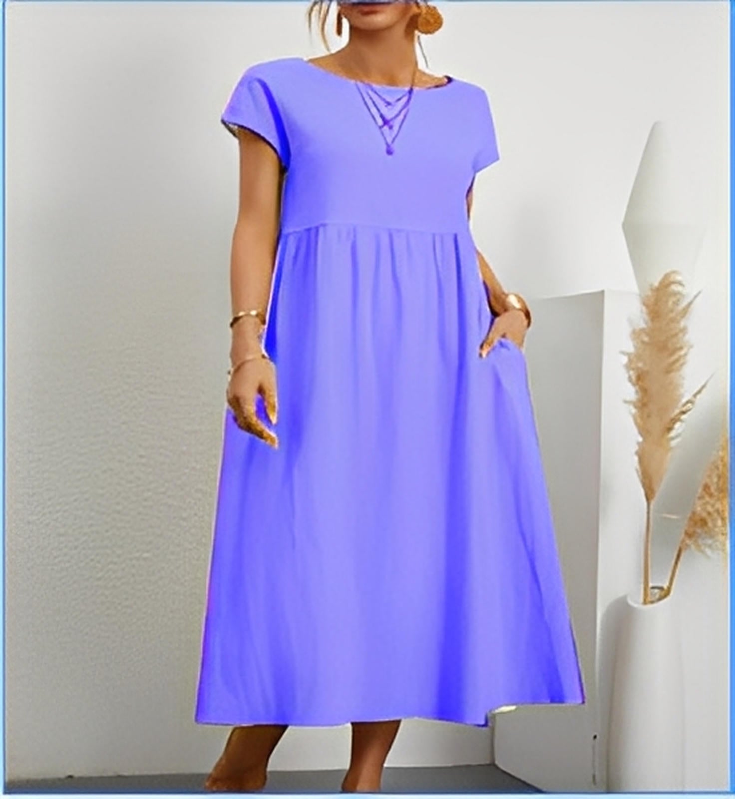 Summer Short-Sleeved A-Line Dress with Pockets & Round Neck
