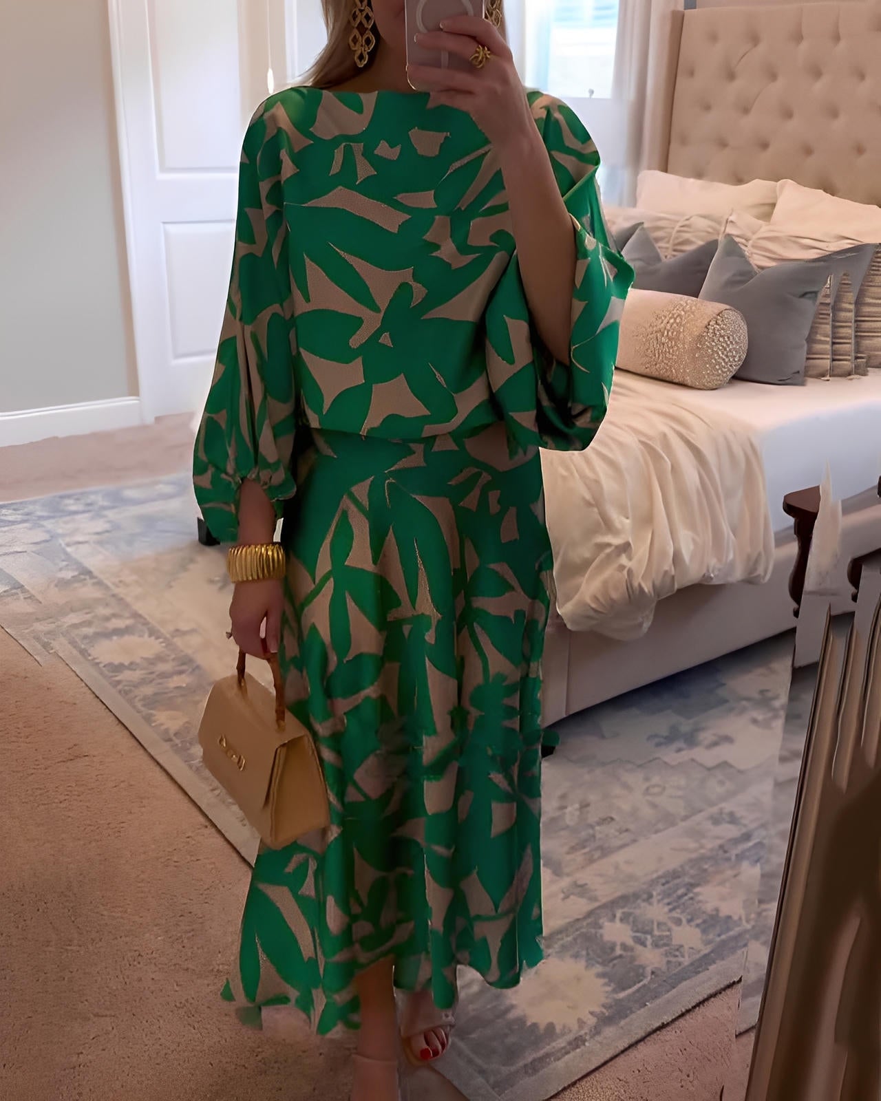 Printed Two-Piece Set Dress with Relaxed Fit & Lantern Sleeves