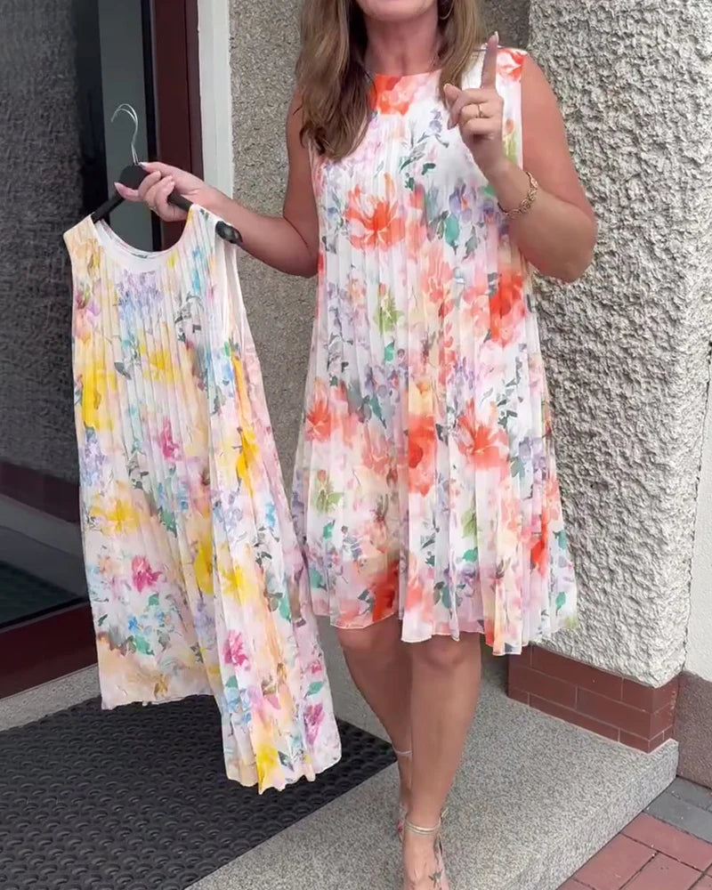 Sleeveless Pleated Floral Print Midi Dress with Defined Waist