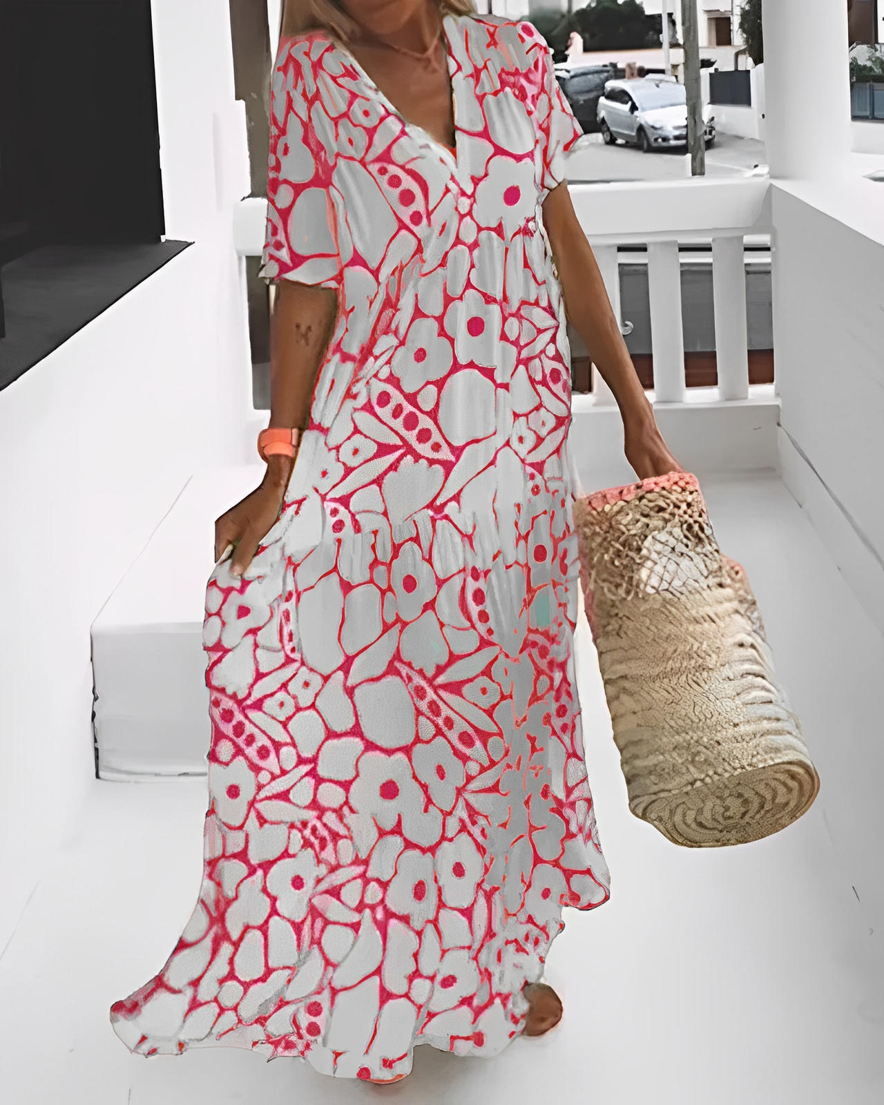 Printed Loose-Fit Dress with V-Neckline