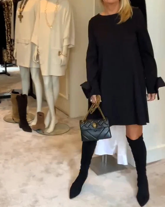 Fashion Round Neck Dress with Bow Sleeve Detail & Relaxed Fit