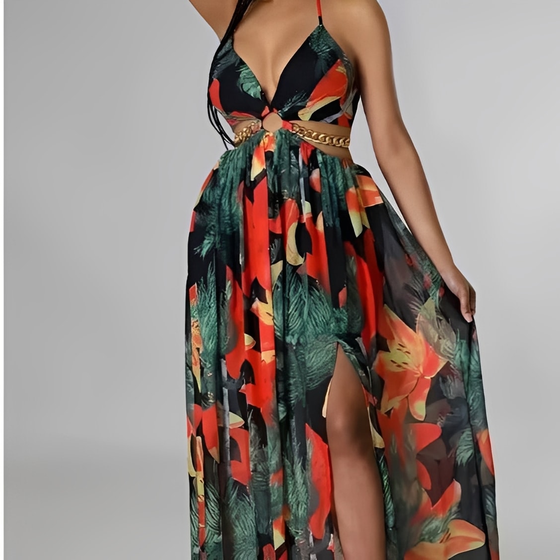 Floral Halter Split Maxi Dress — Backless Cut-Out Evening Look