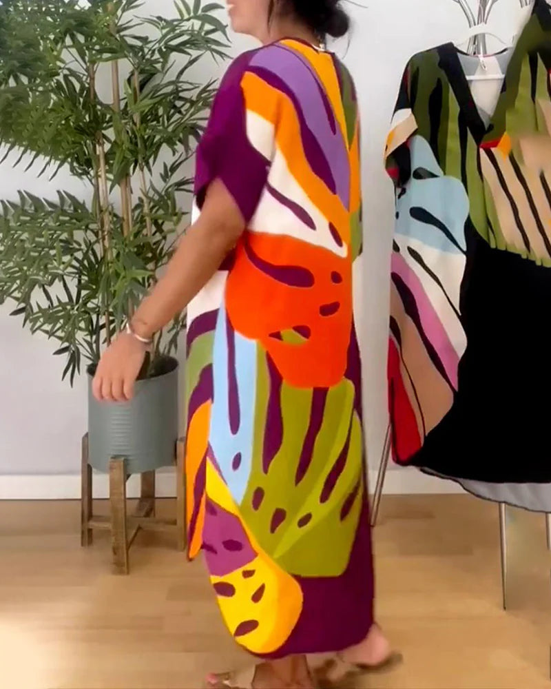Colourful Relaxed Fit Dress with Leaf Print & Short Sleeves