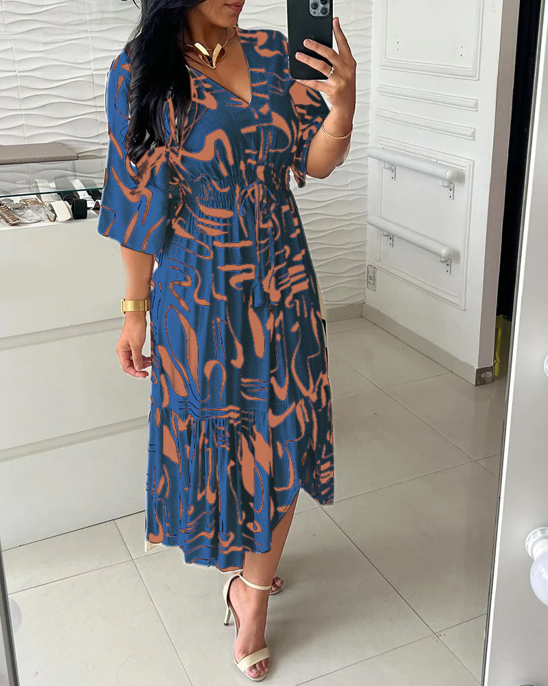 V-Neck Waist Dress with Ink Print & Short Sleeves