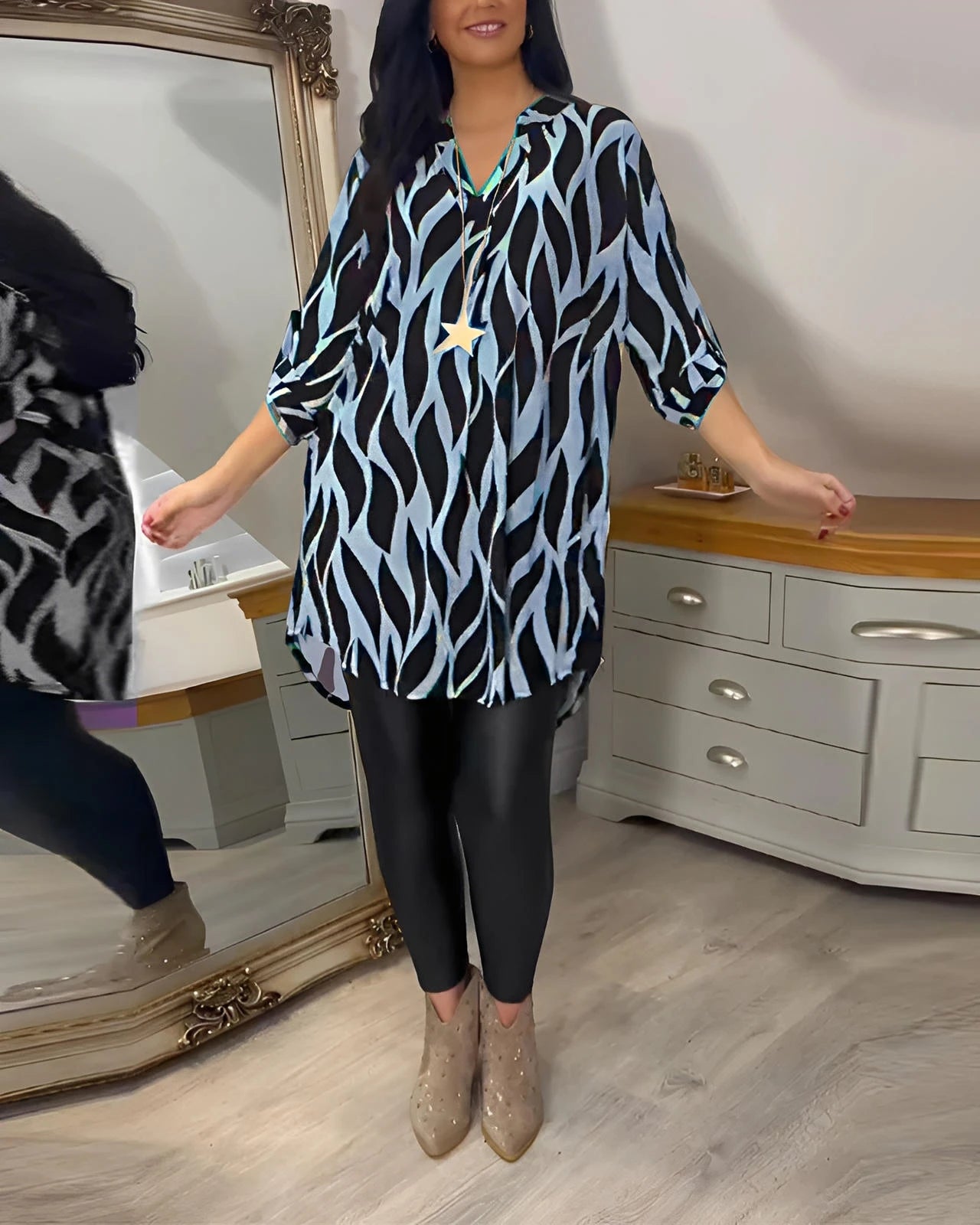 Relaxed Fit Women’s Blouse with V-Neck & Short Sleeves