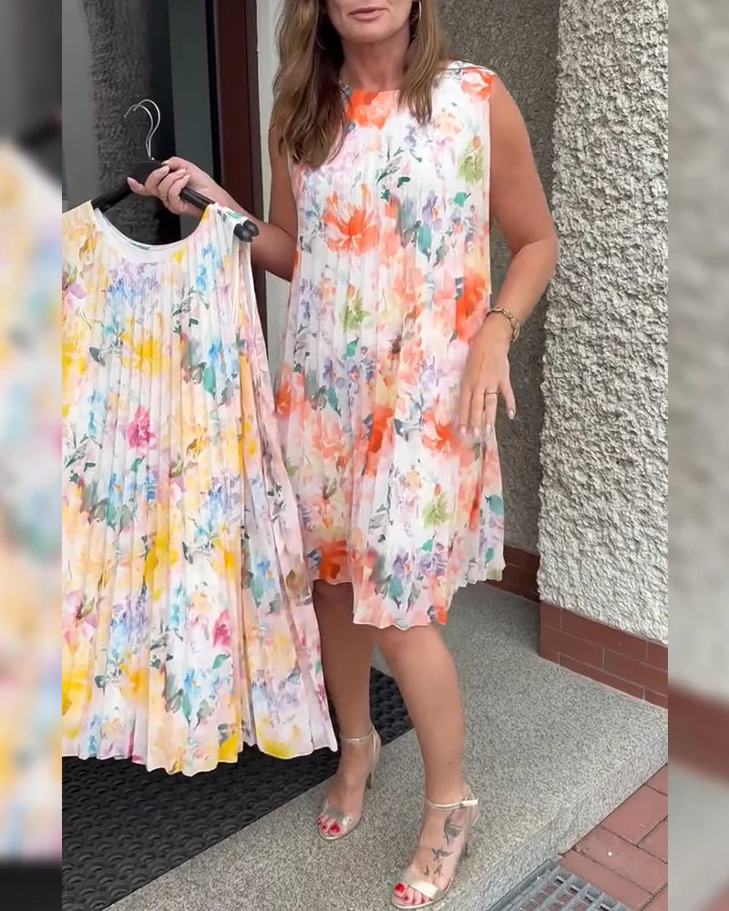 Sleeveless Pleated Floral Print Midi Dress with Defined Waist