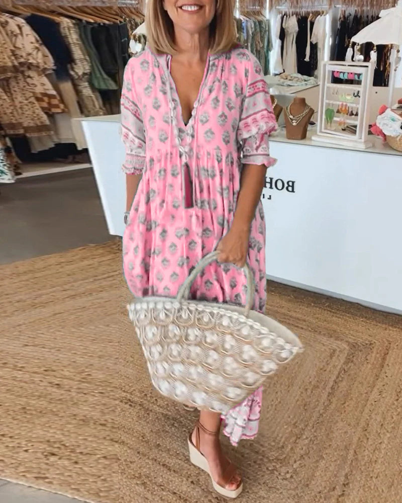 Casual Printed V-Neck Dress with Half Sleeves & Relaxed Fit
