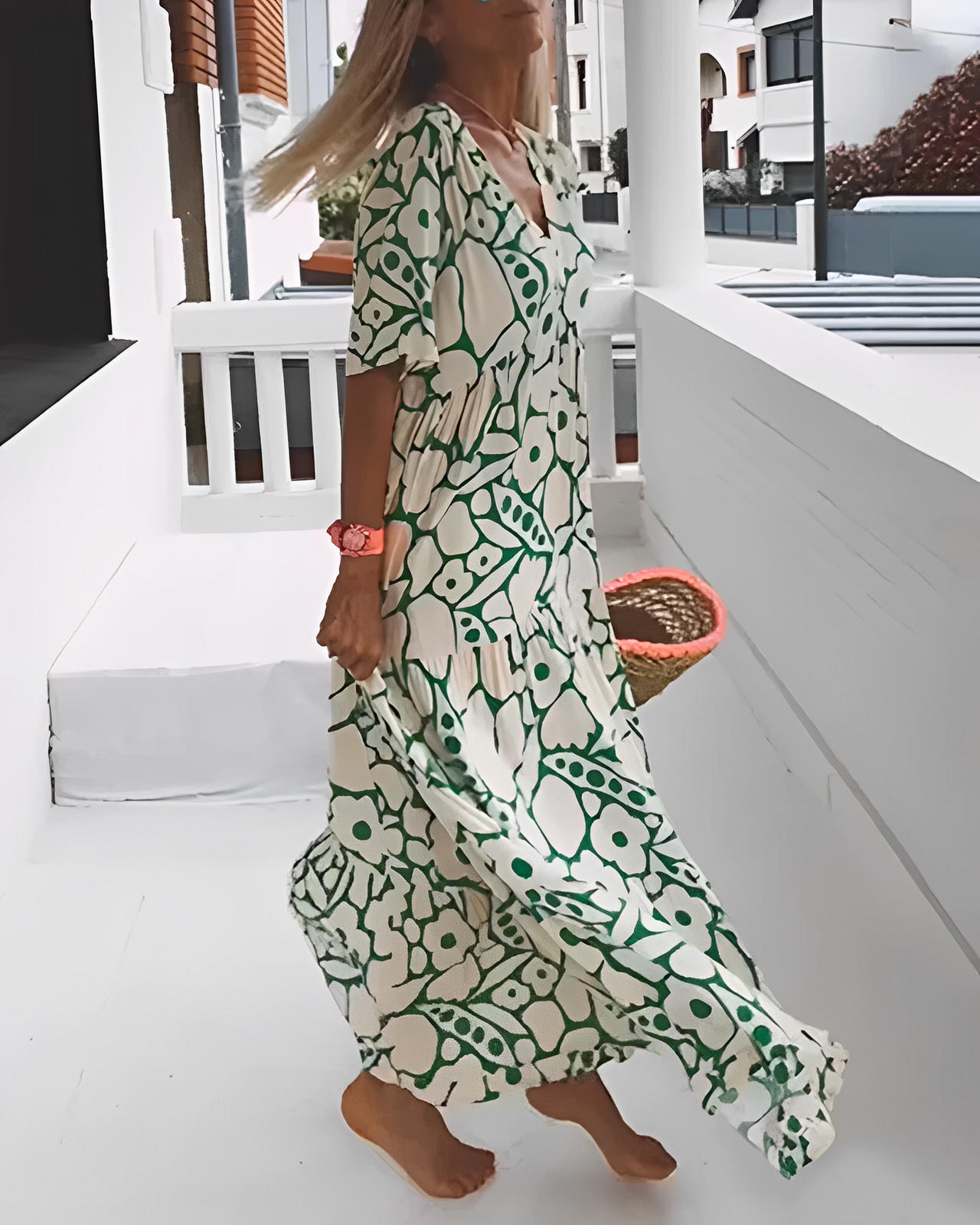 Printed Loose-Fit Dress with V-Neckline