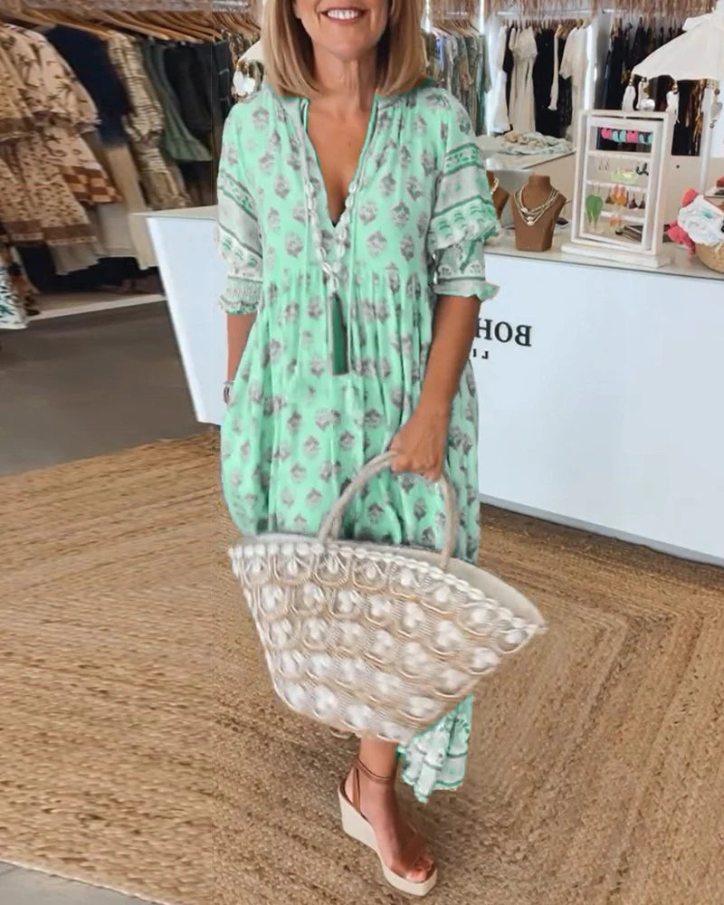 Casual Printed V-Neck Dress with Half Sleeves & Relaxed Fit