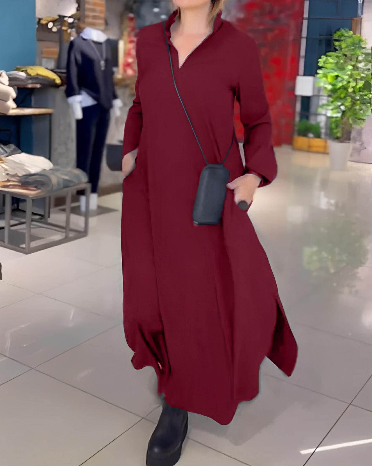 Loose Fit Maxi Dress with Slit – Casual Long Sleeve