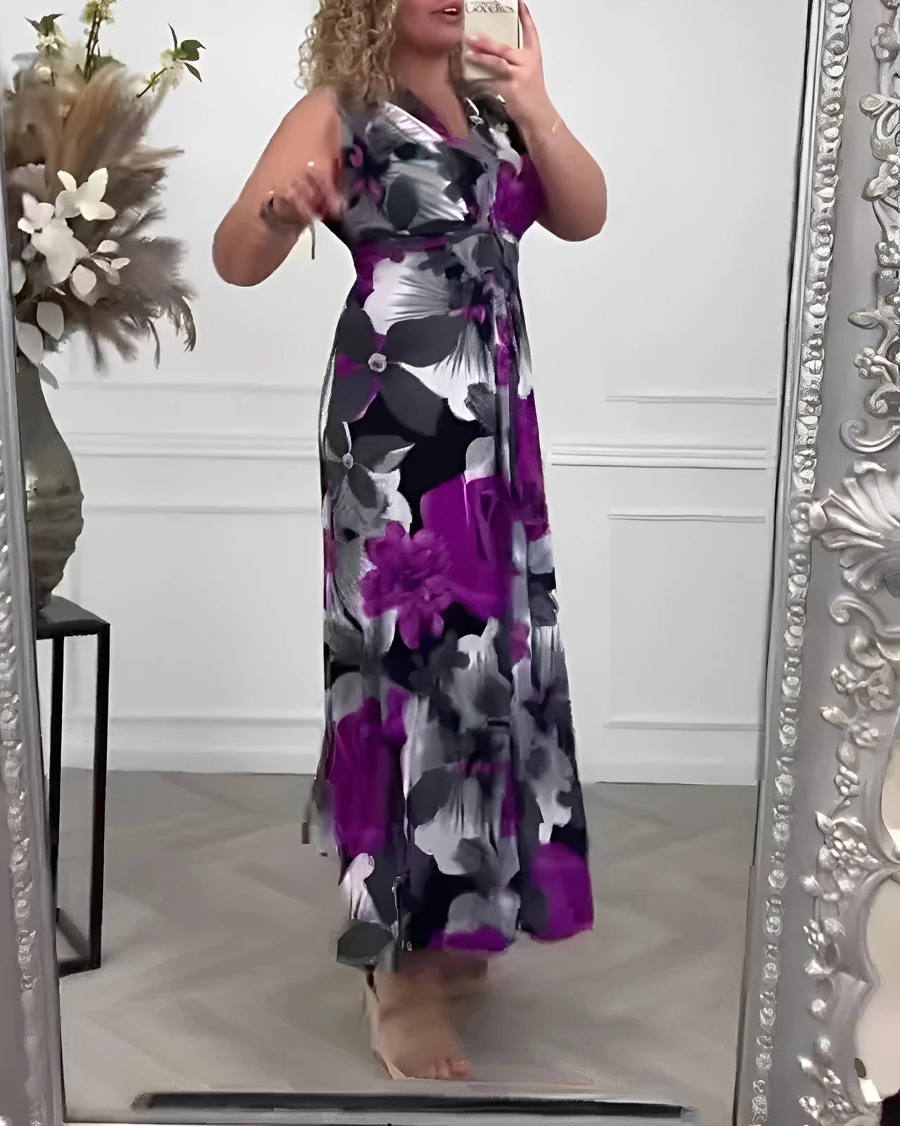 Sleeveless Pleated Floral Midi Dress with Cinched Waist & High Neckline