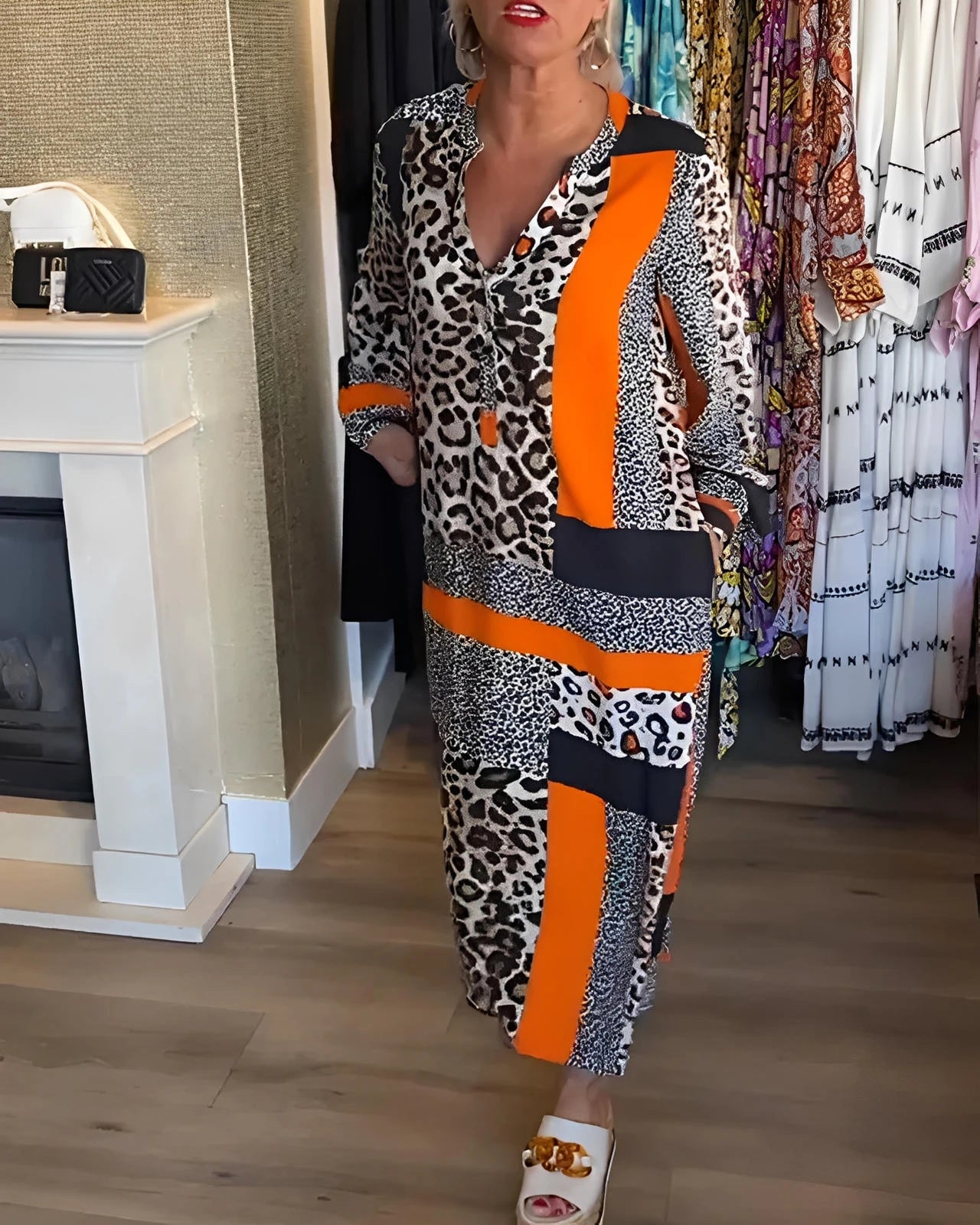 Leopard Print Geometric Midi Dress with Sleeves and Waist Tie