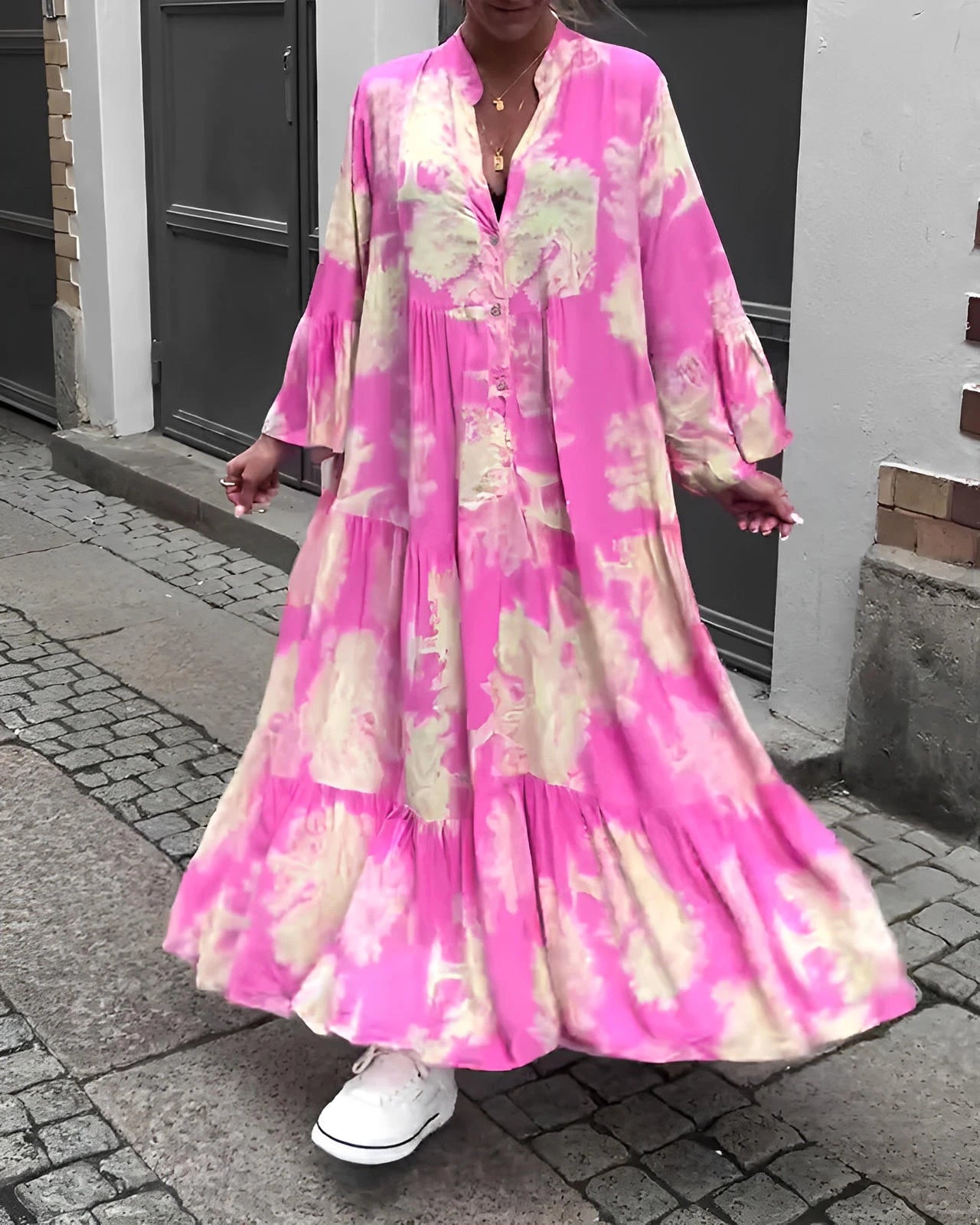 Loose Printed V-Neck Patchwork Dress with Flared Sleeves