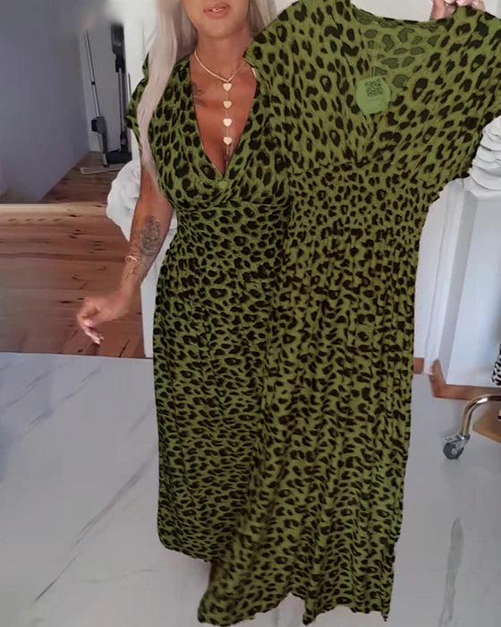 Elegant Leopard Print V-Neck Dress with Defined Waist