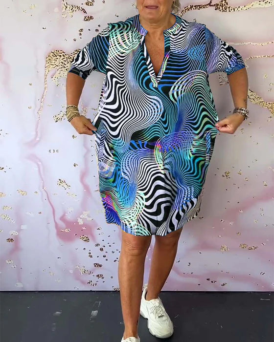 Colourful Printed Dress with V-Neckline Half Sleeves & Pockets