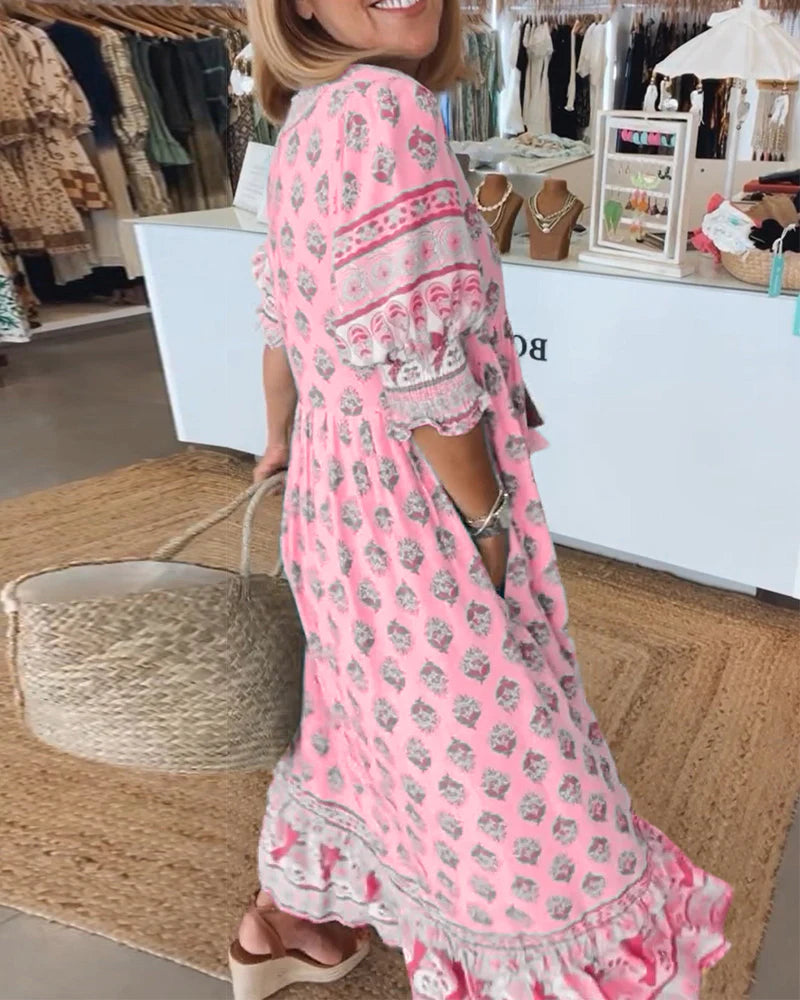 Casual Printed V-Neck Dress with Half Sleeves & Relaxed Fit