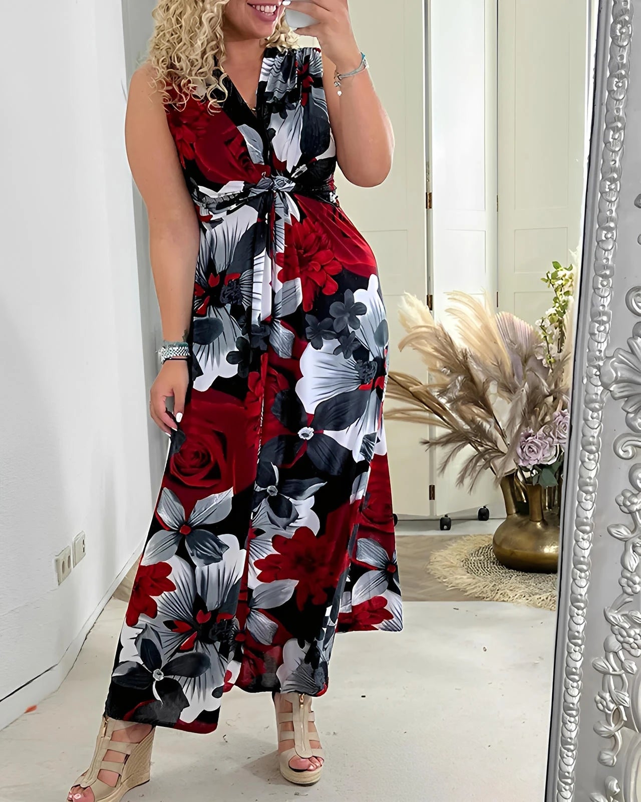 Sleeveless Pleated Floral Midi Dress with Cinched Waist & High Neckline