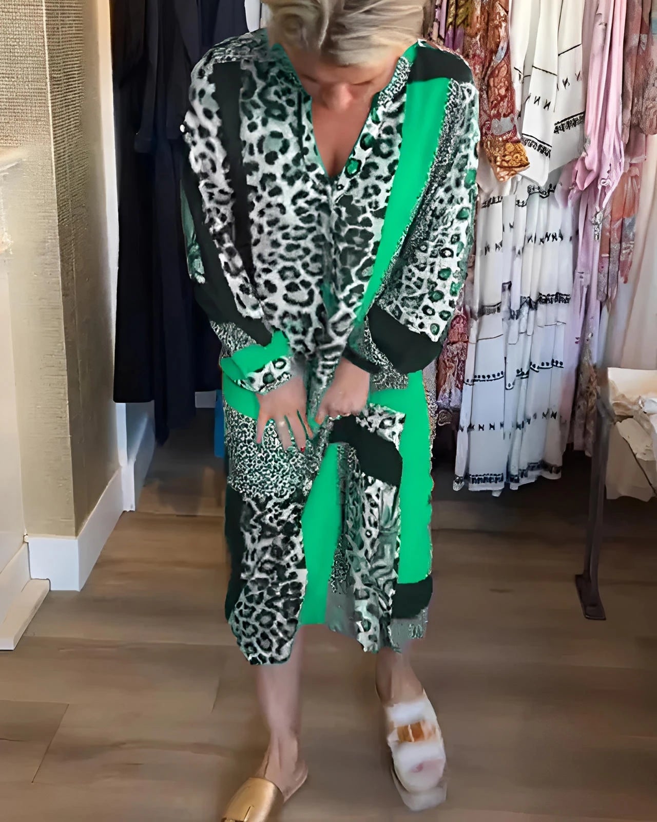 Leopard Print Geometric Midi Dress with Sleeves and Waist Tie