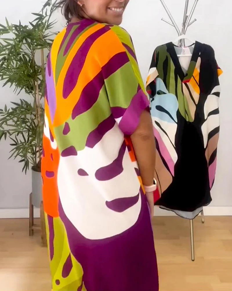 Colourful Relaxed Fit Dress with Leaf Print & Short Sleeves