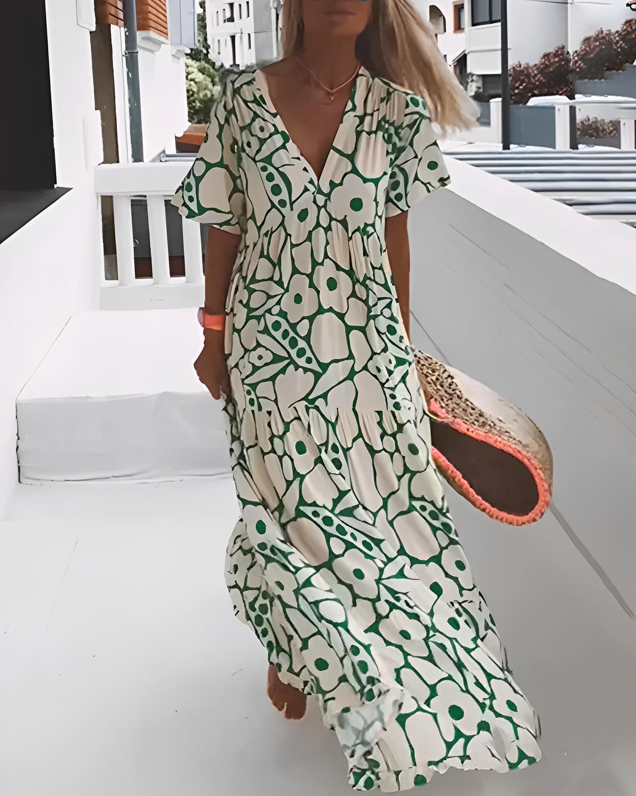 Printed Loose-Fit Dress with V-Neckline