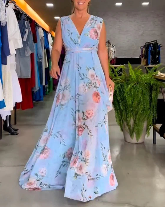 Elegant Sleeveless V-Neck Floral Print Midi Dress