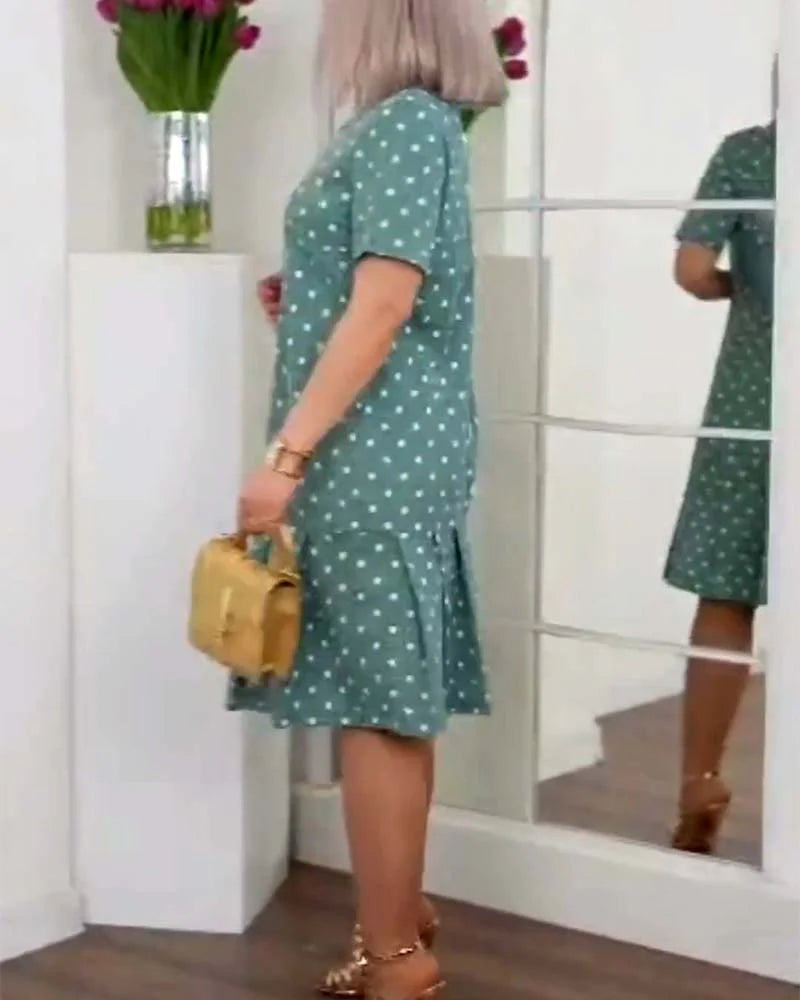 Casual Polka Dot Printed Dress with Short Sleeves & Relaxed Fit