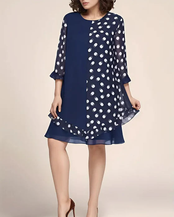 Polka Dot Patchwork Dress with Long Sleeves & Relaxed Fit