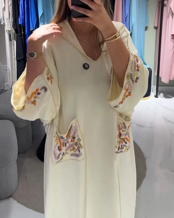 Casual Embroidered Hoodie Dress with Pockets & Relaxed Fit