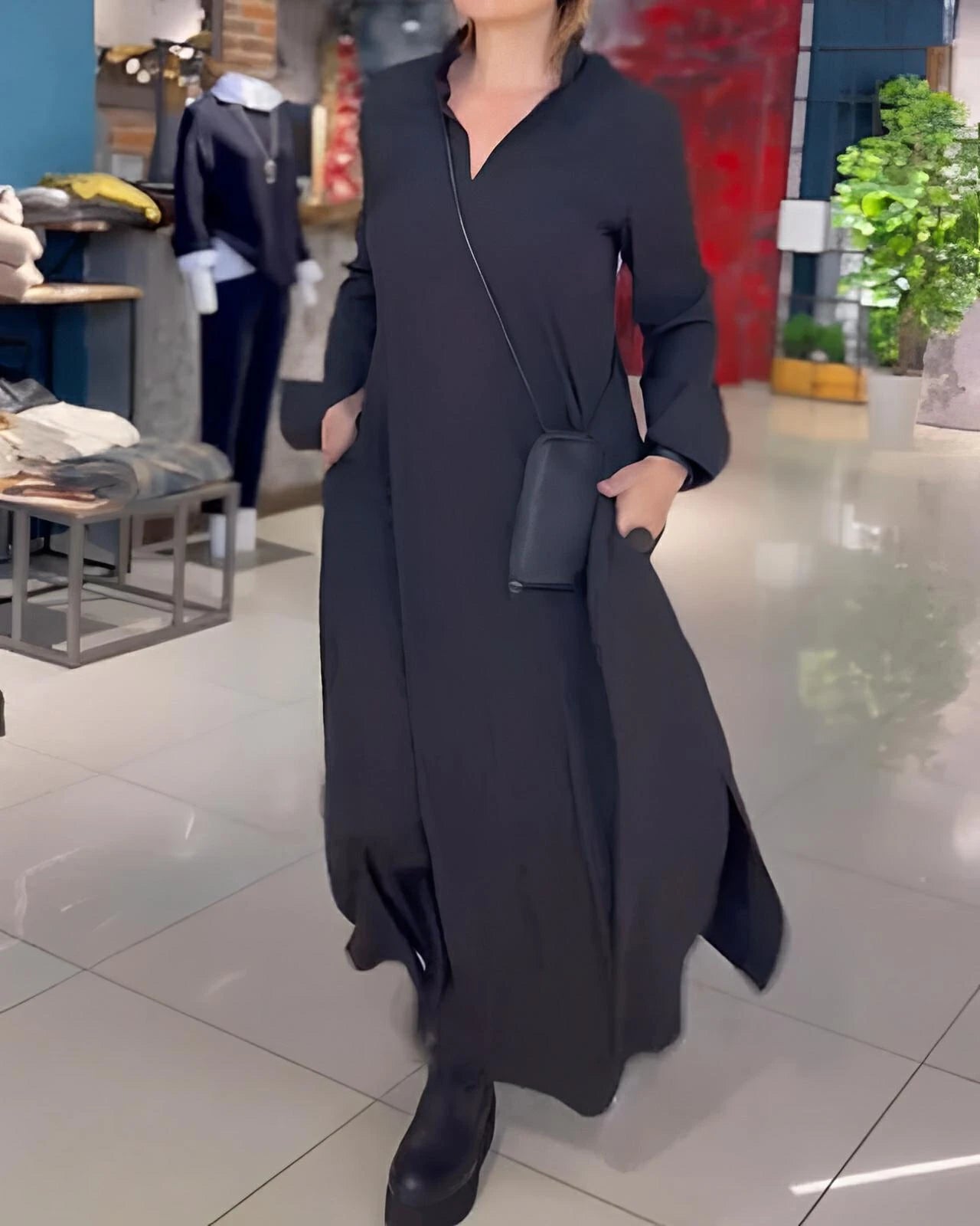Loose Fit Maxi Dress with Slit – Casual Long Sleeve