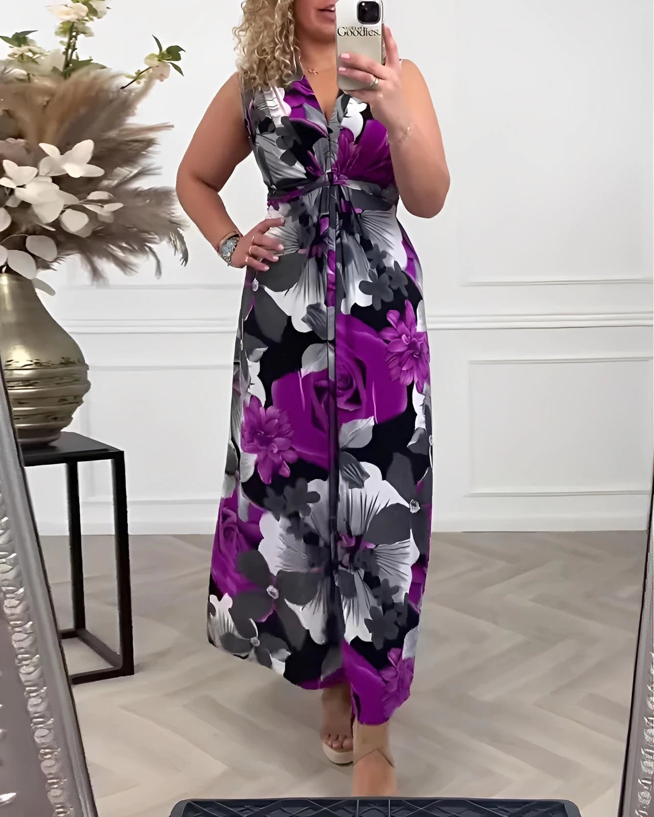 Sleeveless Pleated Floral Midi Dress with Cinched Waist & High Neckline