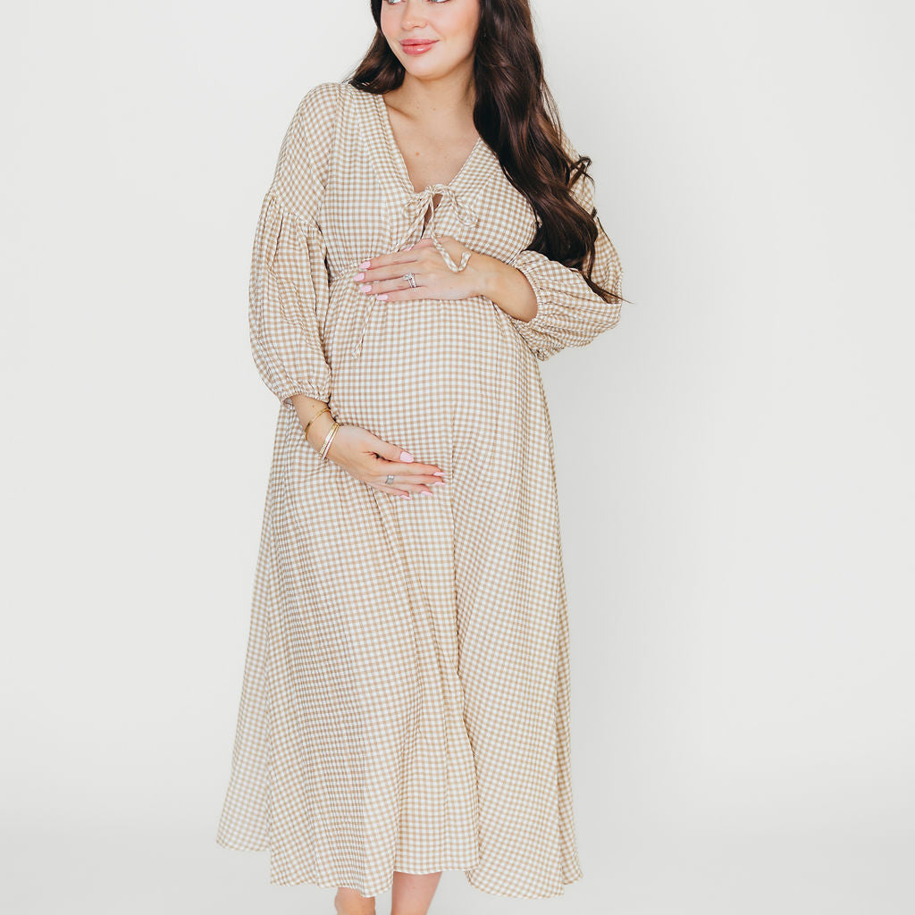 Hunter Printed Gauze Midi Dress in Natural Plaid