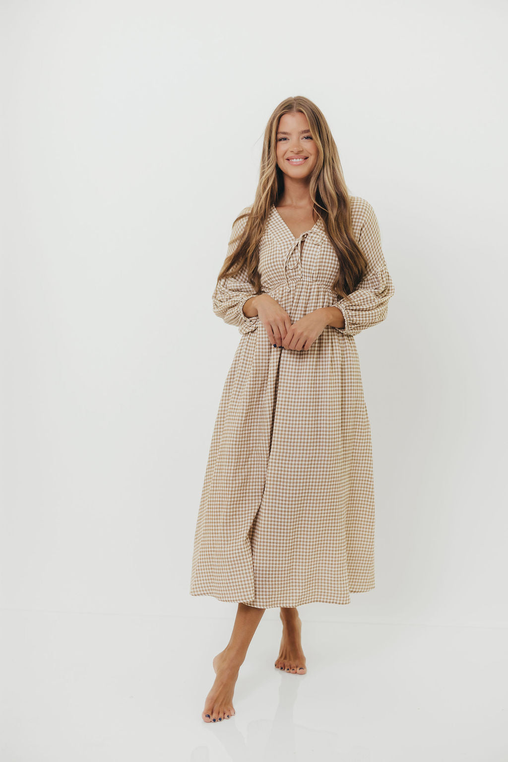 Hunter Printed Gauze Midi Dress in Natural Plaid