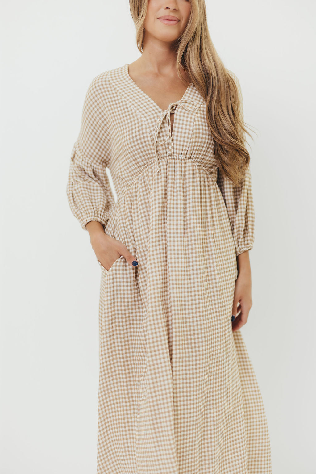 Hunter Printed Gauze Midi Dress in Natural Plaid
