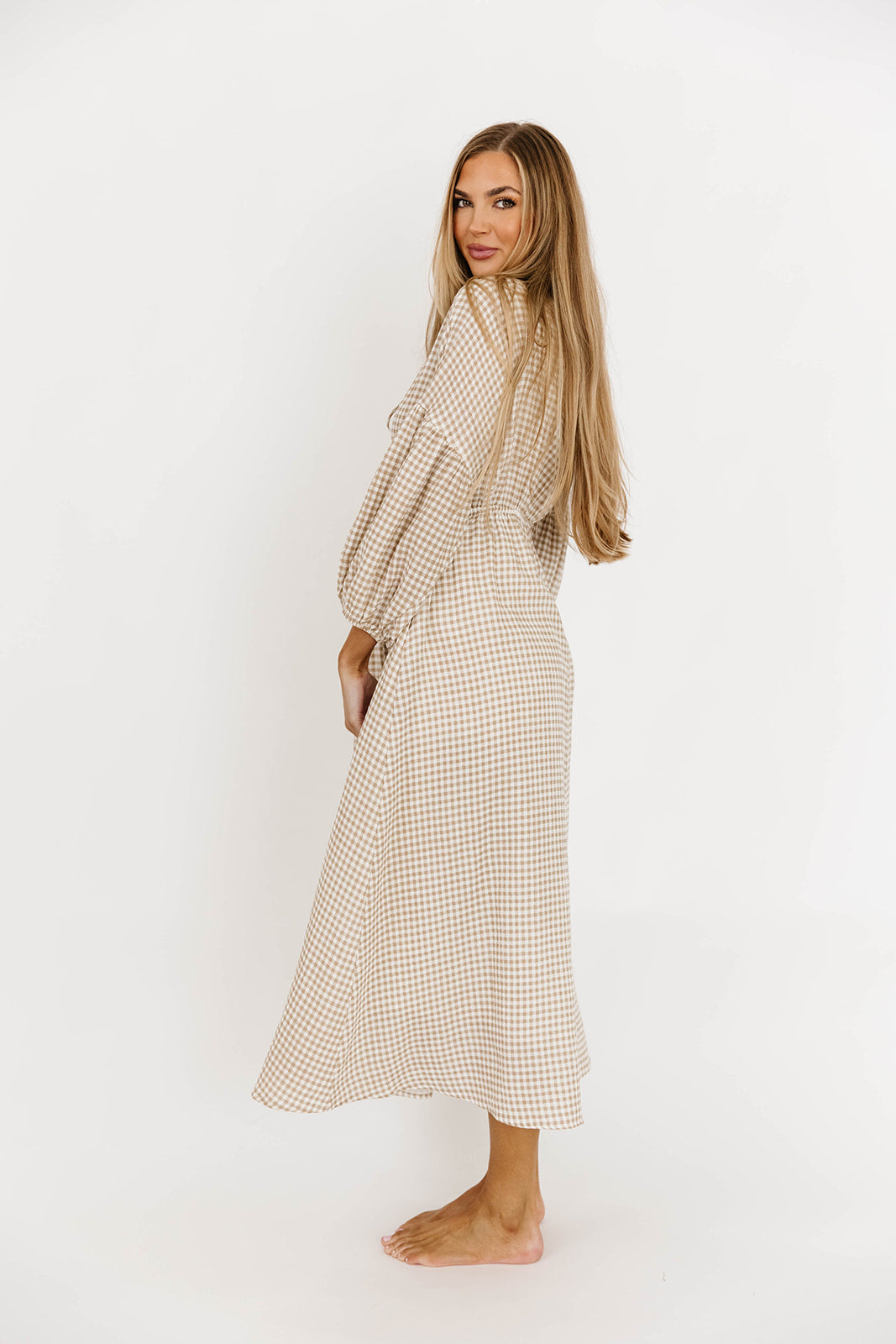 Hunter Printed Gauze Midi Dress in Natural Plaid
