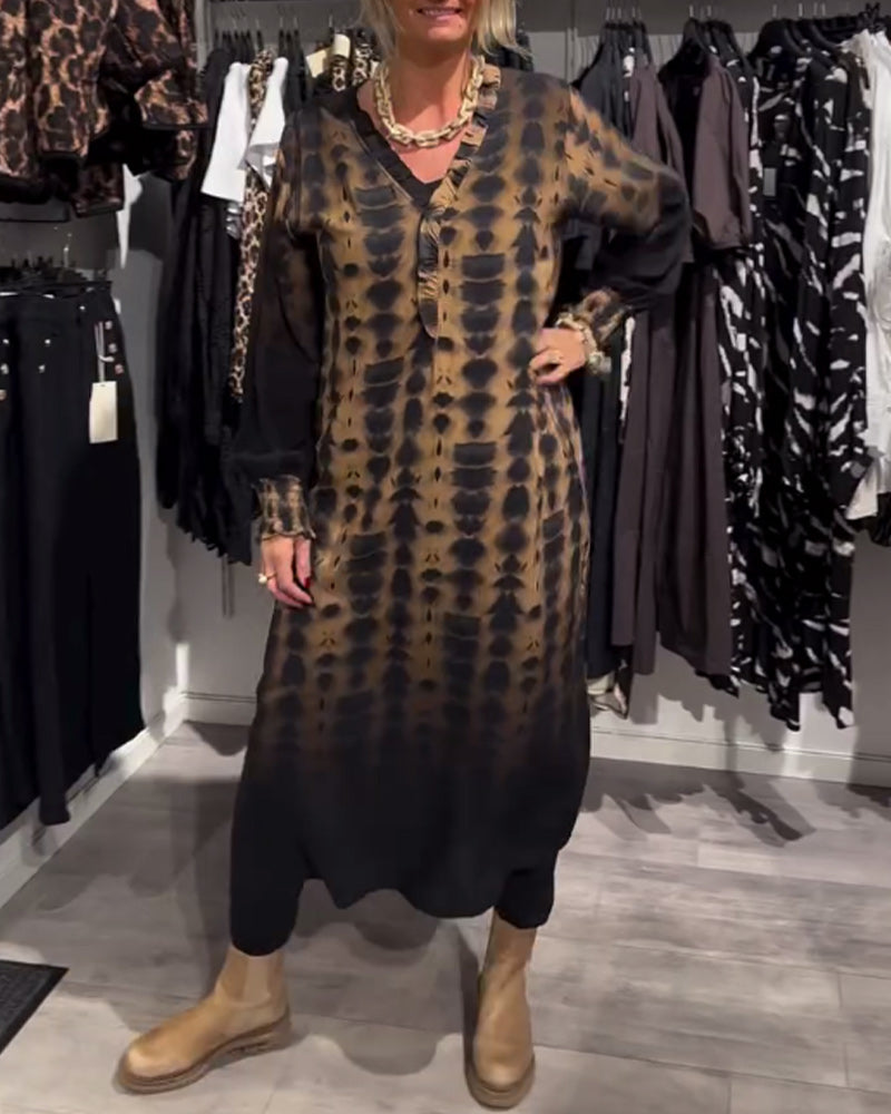 Long-Sleeve V-Neck Dress With Dai Print