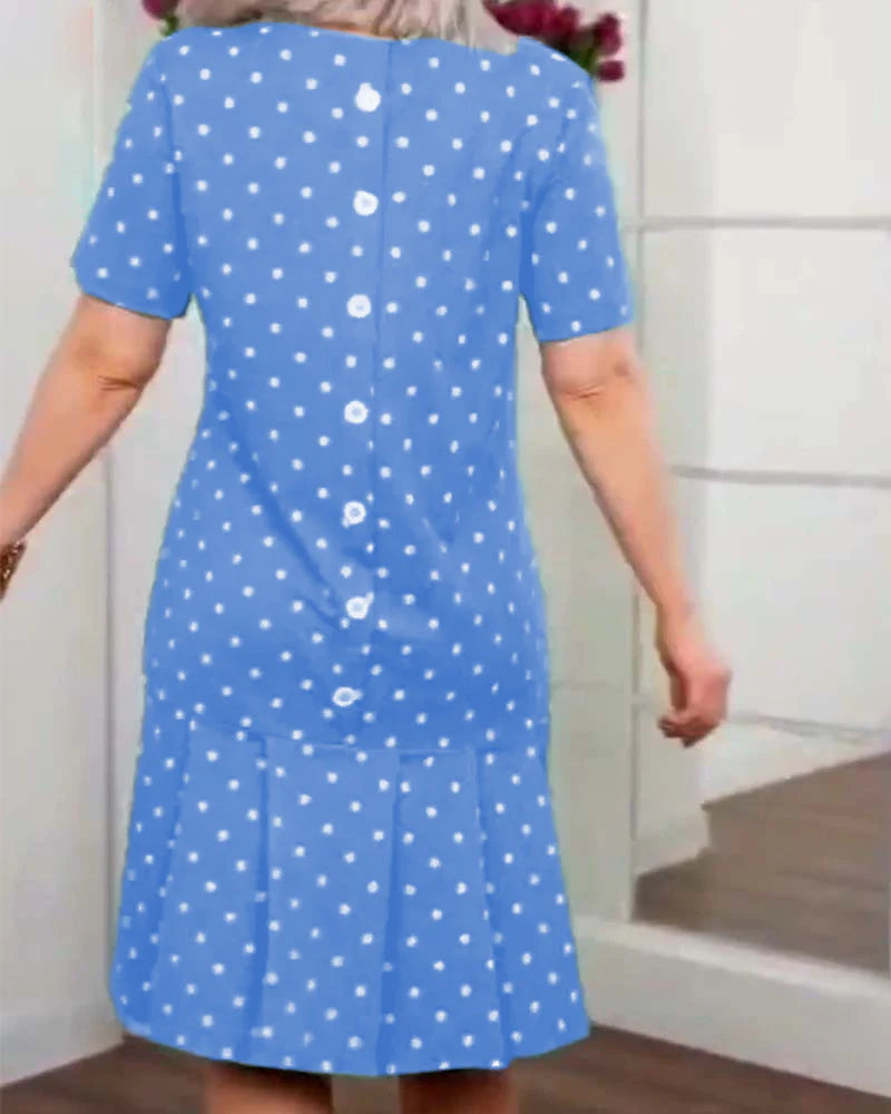 Casual Polka Dot Printed Dress with Short Sleeves & Relaxed Fit