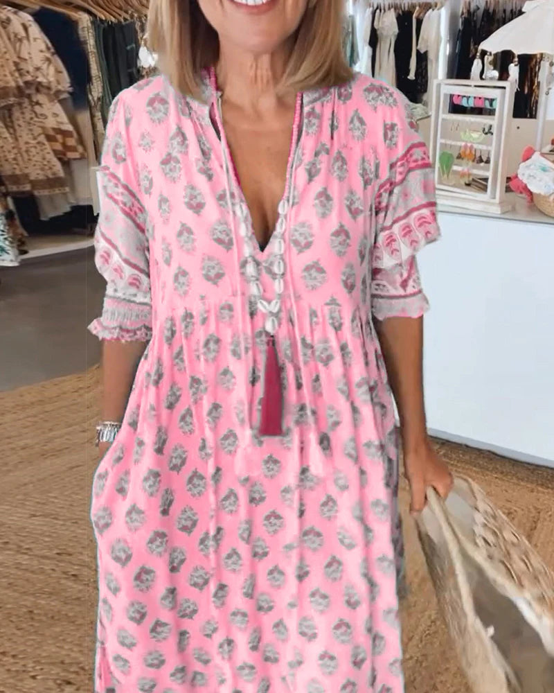 Casual Printed V-Neck Dress with Half Sleeves & Relaxed Fit